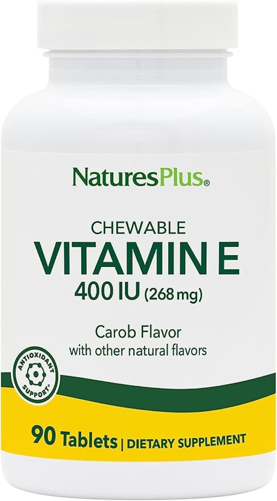 NaturesPlus Vitamin E, Natural Carob Flavor - 90 Μασώμενα Δισκία, Συσκευασία των 2 - Free-Radical Defense & Γενική Ευεξία - Χορτοφαγικά, Χωρίς Γλουτένη - 180 Σύνολο Σερβιέτες