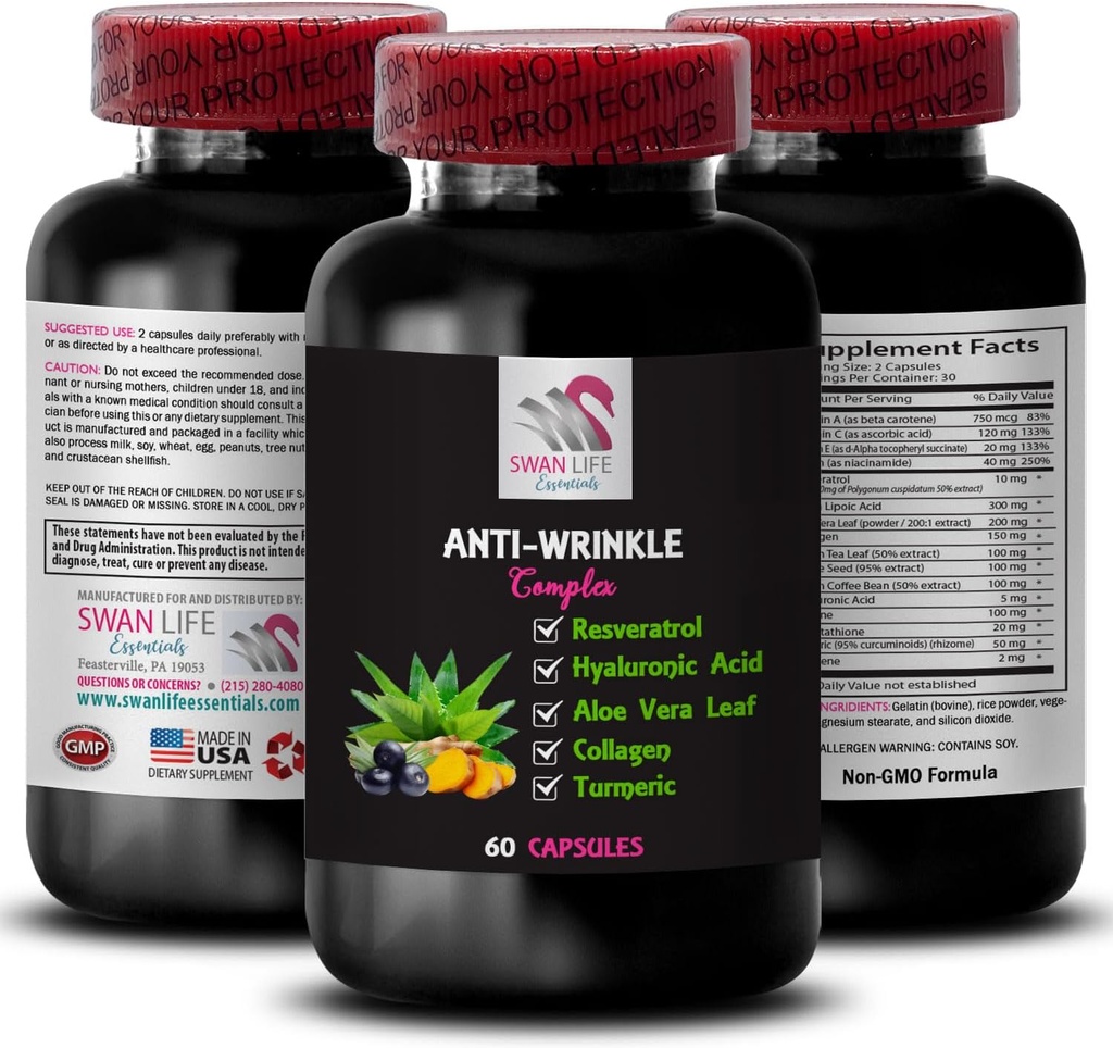 Αντιοξειδωτικά Οφέλη - ANTI-WRINKLE COMPLEX - Turmeric Power, Silken Touch, Hydration Power, Skin Texture Enhancer, Fresh Complexion, Glycine Complex, L-Glutathionone Power, Σύσφιξη 1 φιάλη 60 Caps