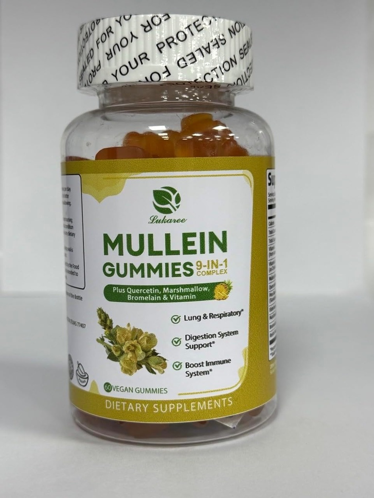 Lukaree 9 in 1 Mullein Gummies, Mullein Leaf Extract w/Quercetin, Bromelain, Elderberry & Marshmallow for Immune, Vegan,60 Count