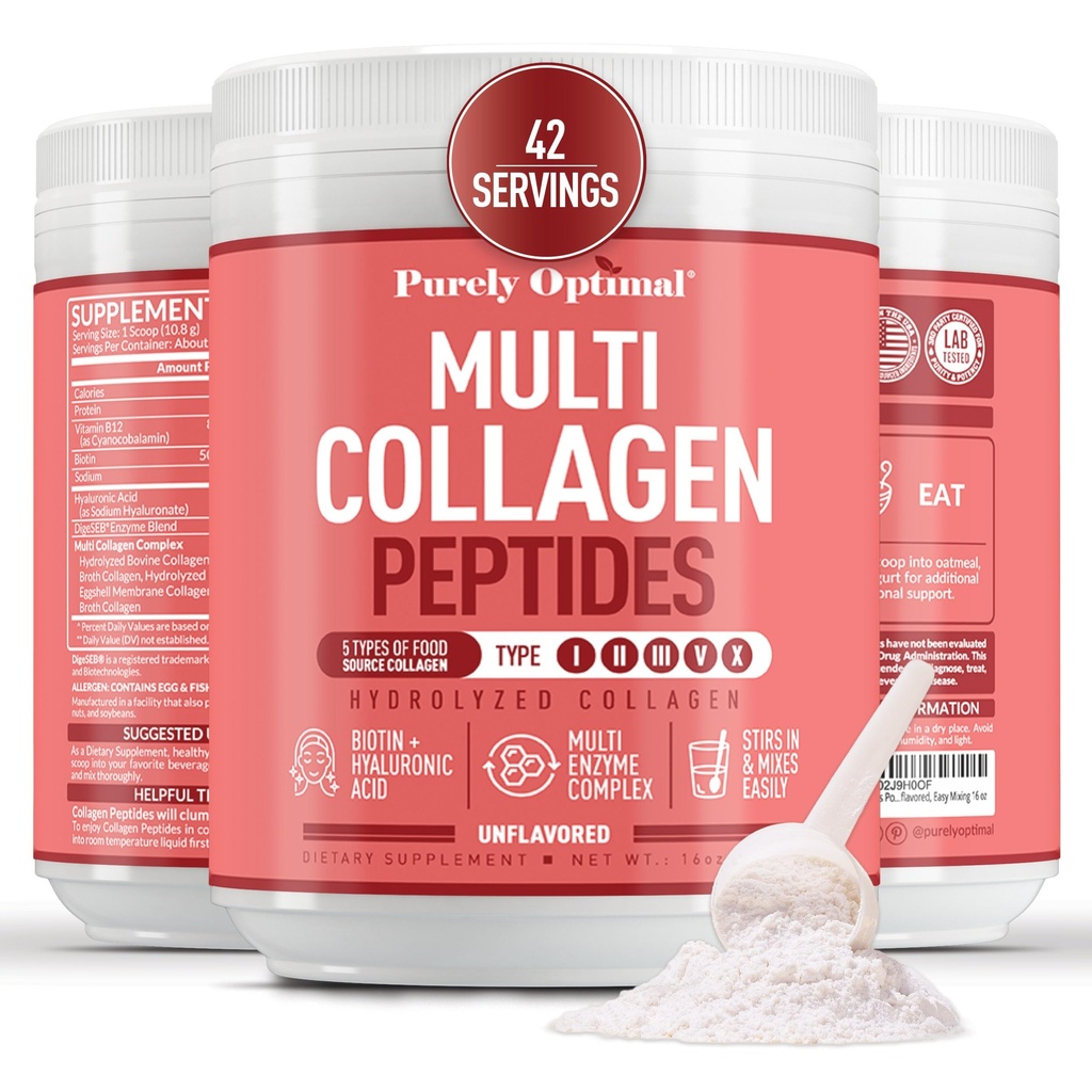 Kadınlar için Basit Çok Kolajlı Toz - 5 Tip Hidrolyzed Collagen, with Biotin & Hyaluronic Acid for Hair, Skin, Nails, Bones & Commons - Unflavored, Easy Mix, 42 Servisler