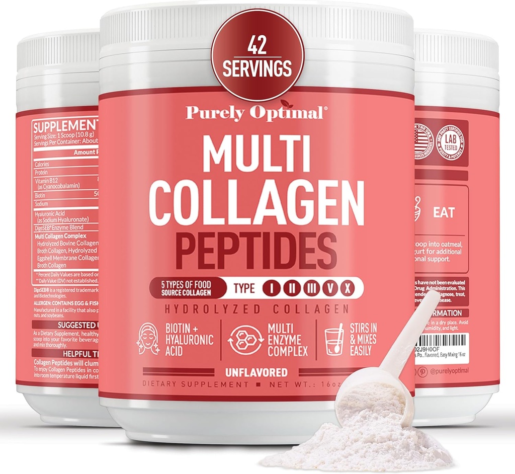 Kadınlar için Basit Çok Kolajlı Toz - 5 Tip Hidrolyzed Collagen, with Biotin & Hyaluronic Acid for Hair, Skin, Nails, Bones & Commons - Unflavored, Easy Mix, 42 Servisler