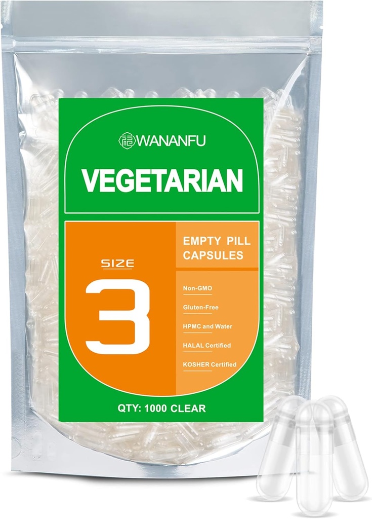 wananfu Boyutu 3 Boş Capsules Vegetarian (1000 Count), Clear Fillable Veggie Pill Capsules Size Kendi Tamamlarınızı Yapmak için 3 Boyut