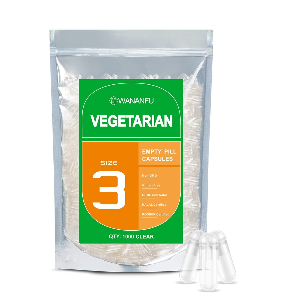 wananfu Size 3 Empty Capsules Vegetarian (1000 Count), Clear Fillable Veggie Pill Capsules Size 3 for Making Your Own Supplements