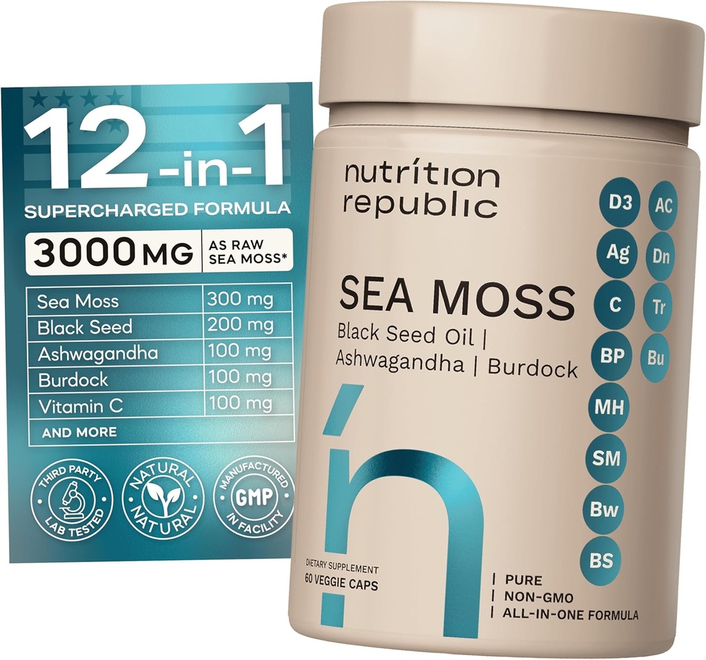 Sea Moss συμπλήρωμα, Sea Moss κάψουλες με μαύρο σπορέλαιο, Ashwagandha και Burdock Root, Multimineral συμπλήρωμα με βιταμίνη C, 60 Veggie κάψουλες