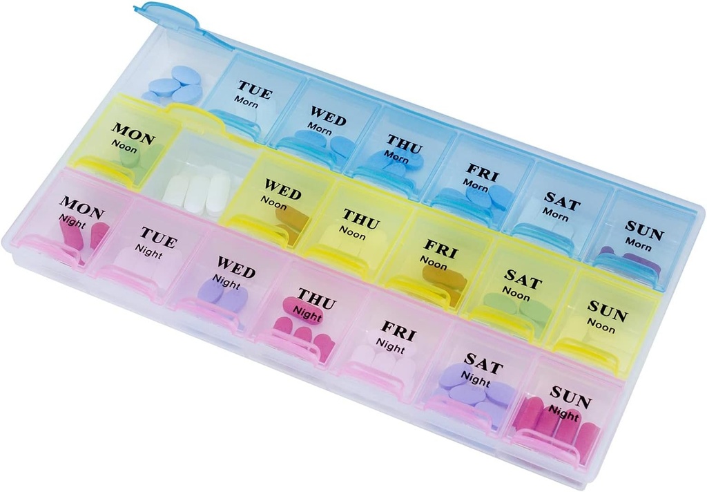 Haftalık Pill Organizer - Pills Vitaminleri ve İlaçlar için 21 Günlük Pill Planlayıcı, 3 Times-a-Day Drug Hatırlatma Kutuları, Kolay Okuma & Seyahat Dostu