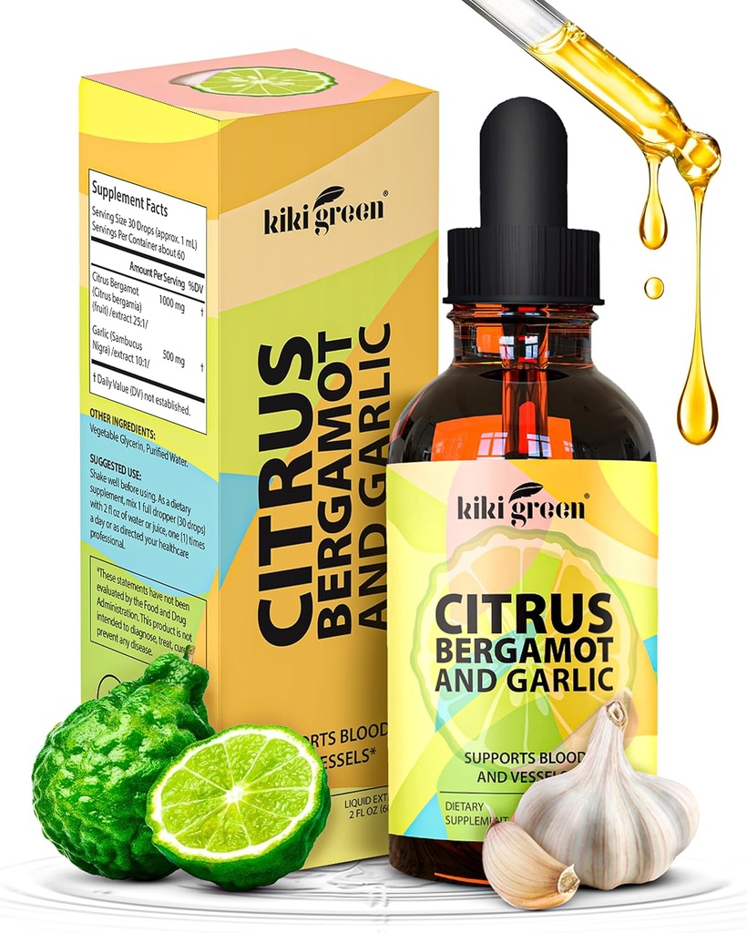 KIKI Green Liquid Citrus Bergamot & Garlic Extract - Citrus Bergamot Supplement for Heart Health, Immune System Support and Health Aging Non-GMO, Gluten-Free Supplement 2 Fl Oz.