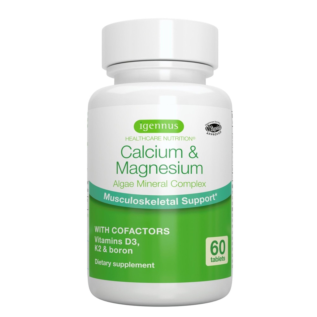 Igennus Red Algae Calcium Magnesium Complex, Comprehensive Bone Support with K2, D3 & Boron, High Absorption Minerals, Vegan & Plant Based, Non-GMO, 60 Tablets