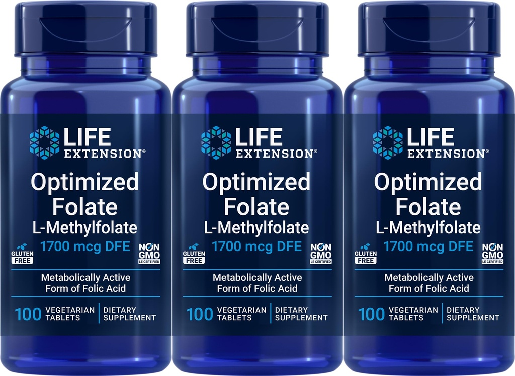 Life Extension Optimized Folate 1700 mcg DFE, 100 Vegetarian Tabletler (Pack of 3)