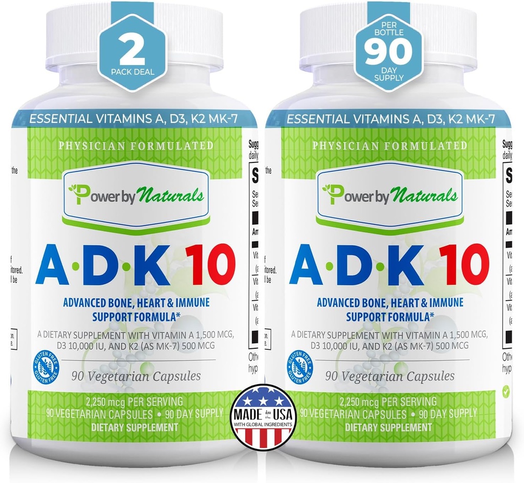 Power By Naturals ADK Vitamin Supplement – ADK 10 Υψηλή Ικανότητα με Βιταμίνες Α, D3 10.000 IU & K2 MK7 για Superior Καρδιά, Ανοσοποιητική & Οστική Υγεία Υποστήριξη – 90 Κάψουλες, 2 Συσκευασία (6 Μήνες Προσφορά)