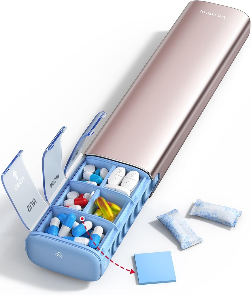 Vaydeer 7 Günlük Pill Organizer (Bir Güne Destek) Metal Seyahat Pill Case, Büyük Kapasite Günlük Sevimli Pill Box for Supplements, Pills, Vitaminler ve İlaçlar (Rose Gold), 8.3*2.1*1.2 inç