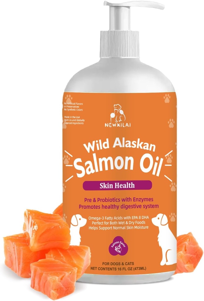 Vahşi Alaskan Salmon Oil for Dogs & Cats, Omega-3 Fish Oil Supplement with EPA & DHA, Support Skin Health, Shiny Coat, Güçlü Ortak ve Antialerjik Yardım - Şişe 16oz