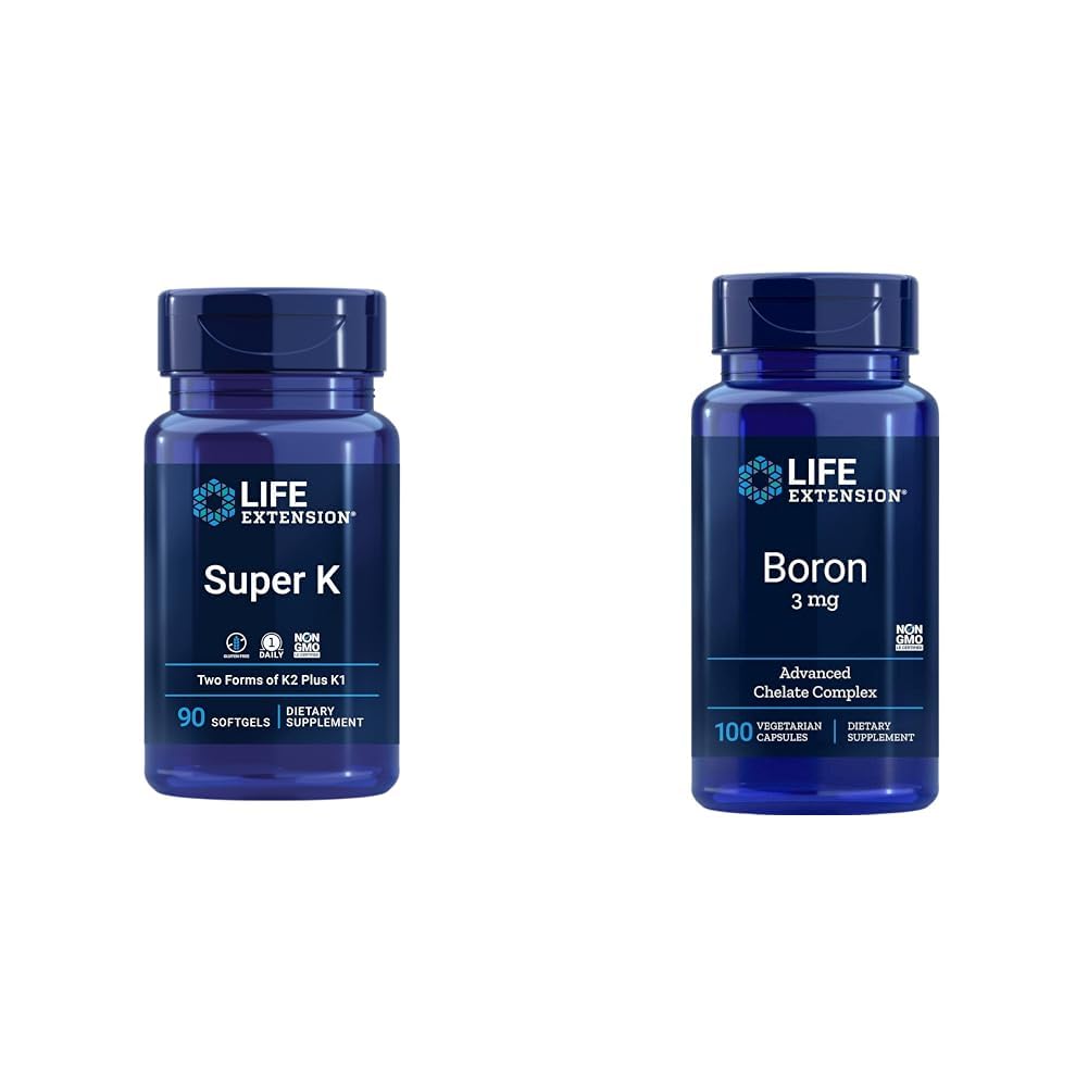 Life Extension Super K Vitamin K1, K2 MK-7, MK-4, C, Bone/Heart Health, 3-Month Supply ve Boron 3 Mg 100 Vegetarian Capsules