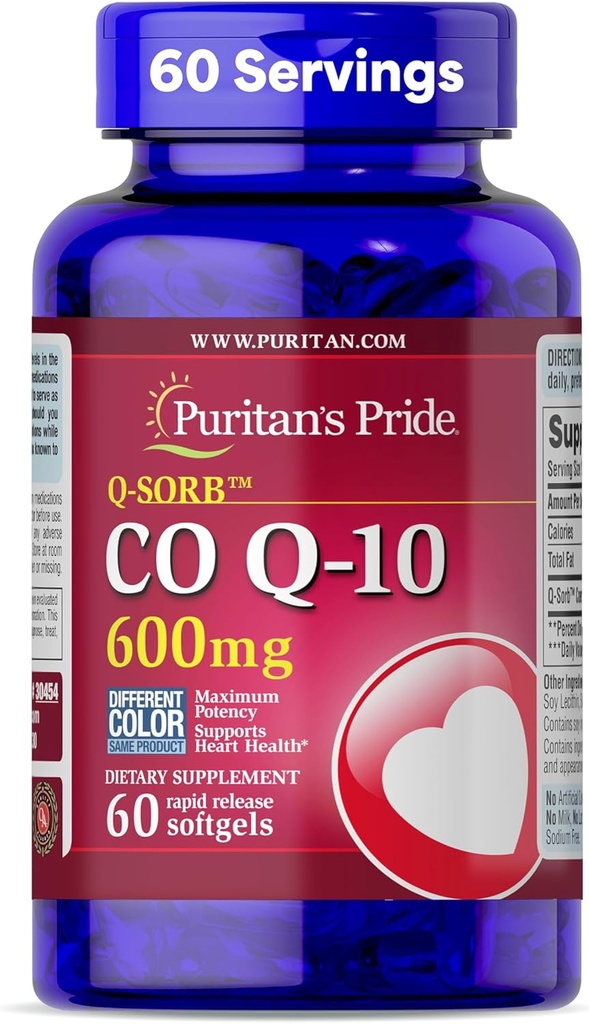 Puritan's Pride Coenzyme CoQ10 600mg, Dietary Supplement for Heart Health, Blood Pressure, Oral Gum Health, and Healthy Aging Support, 60 Day Supply, Rapid Release Softgels