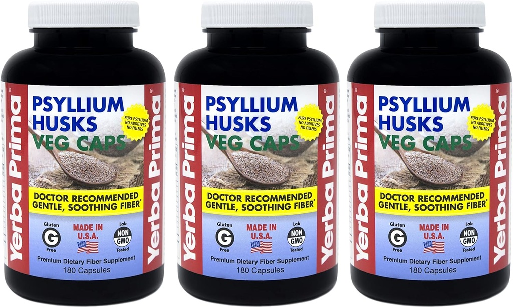 Yerba Prima Psyllium Husks Veg Caps - 180 Kont ( 3) - Vegan, Non-GMO, Gluten Free, Colon Cleanser, Daily Fiber Supplement for Gut Health & Regularityity