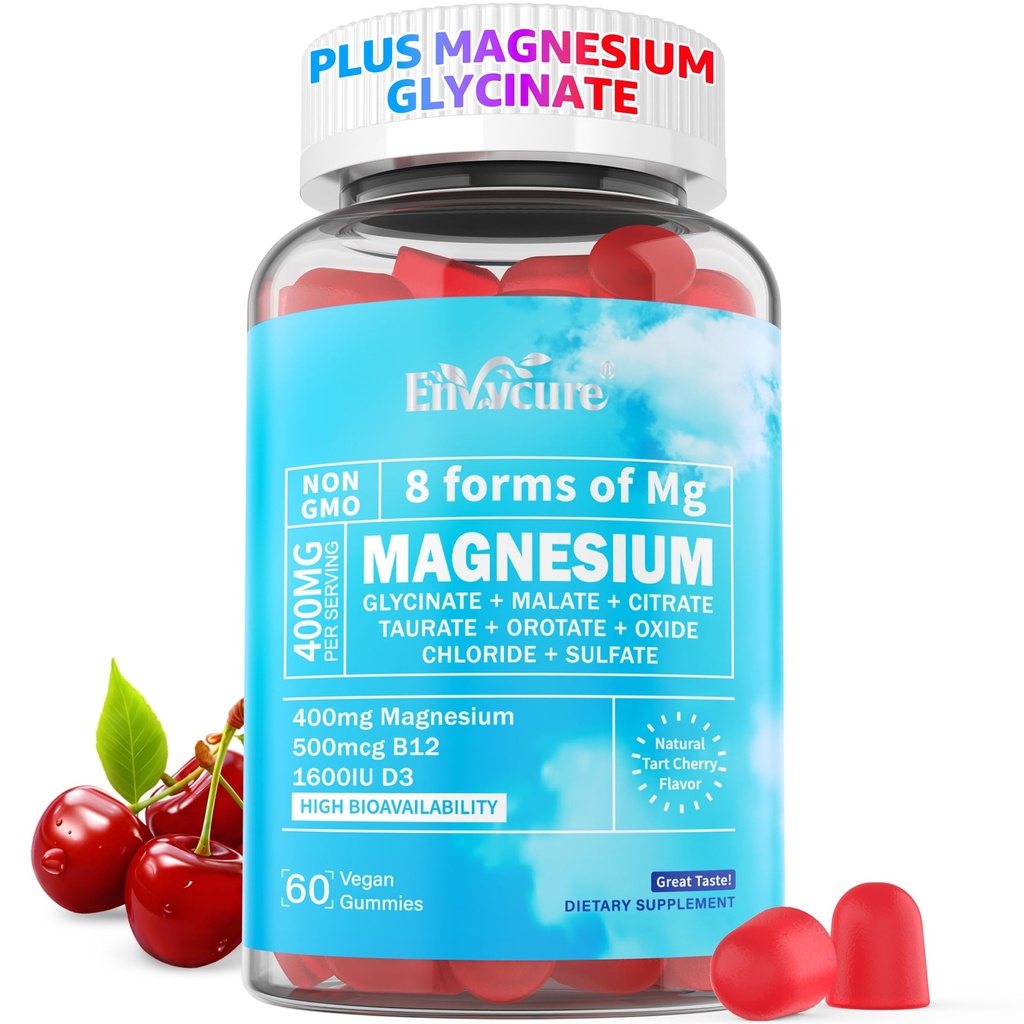 Magnezyum Gummies 400 mg | 8 Forms of Magnezyum Glycinate, Malate, Citrate, Taurate, Hoffman ve More | Ashwagandha Extract, D3 & B12 Supports for Calm, Zzz, Mood, Muscle Cramp - Vegan 60 Cts