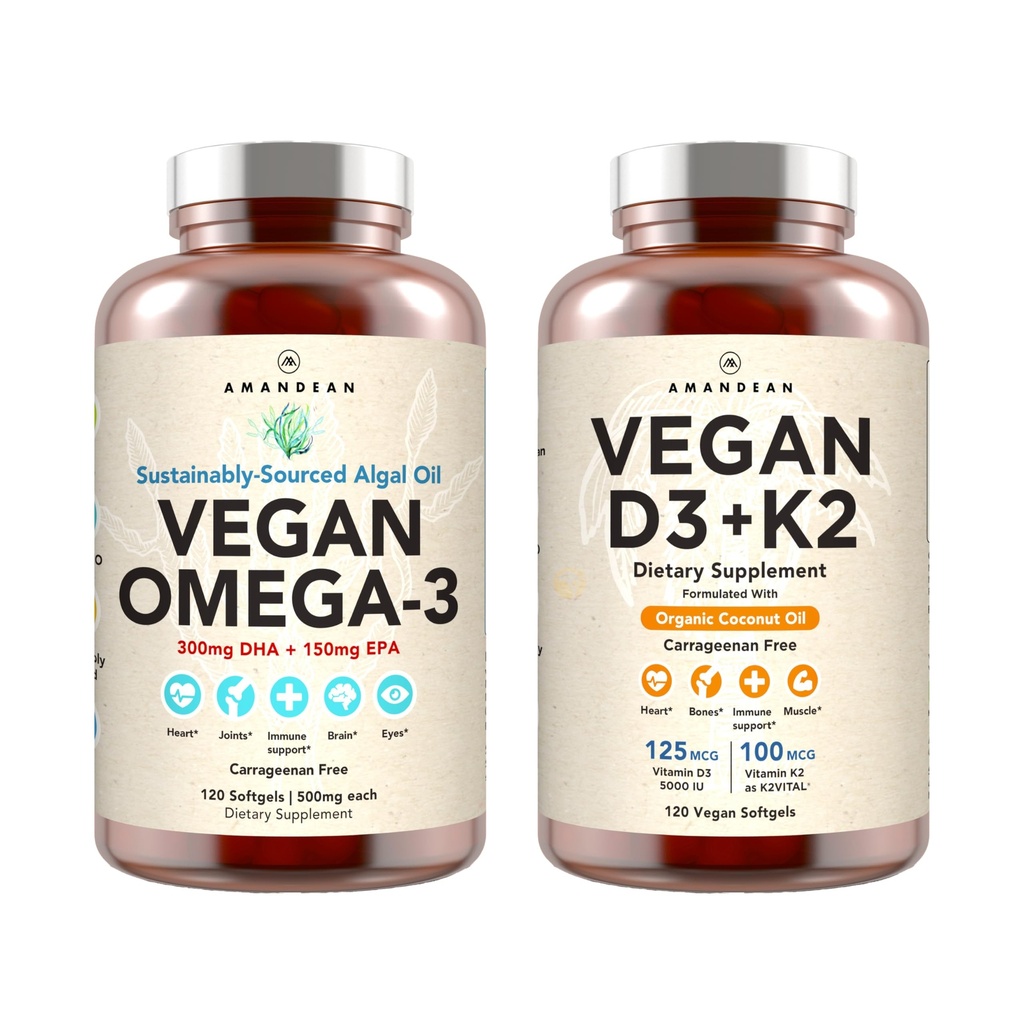 Vegan Powerhouse Combo. Ωμέγα-3 από Αλγικό Έλαιο & Βιταμίνη D3 + K2. Φυτό-βασισμένο 5000 iu VIT D από Algae. 100 mcg All-Trans MK-7 Vita K. Carrageenan Free Veggie Softgels.