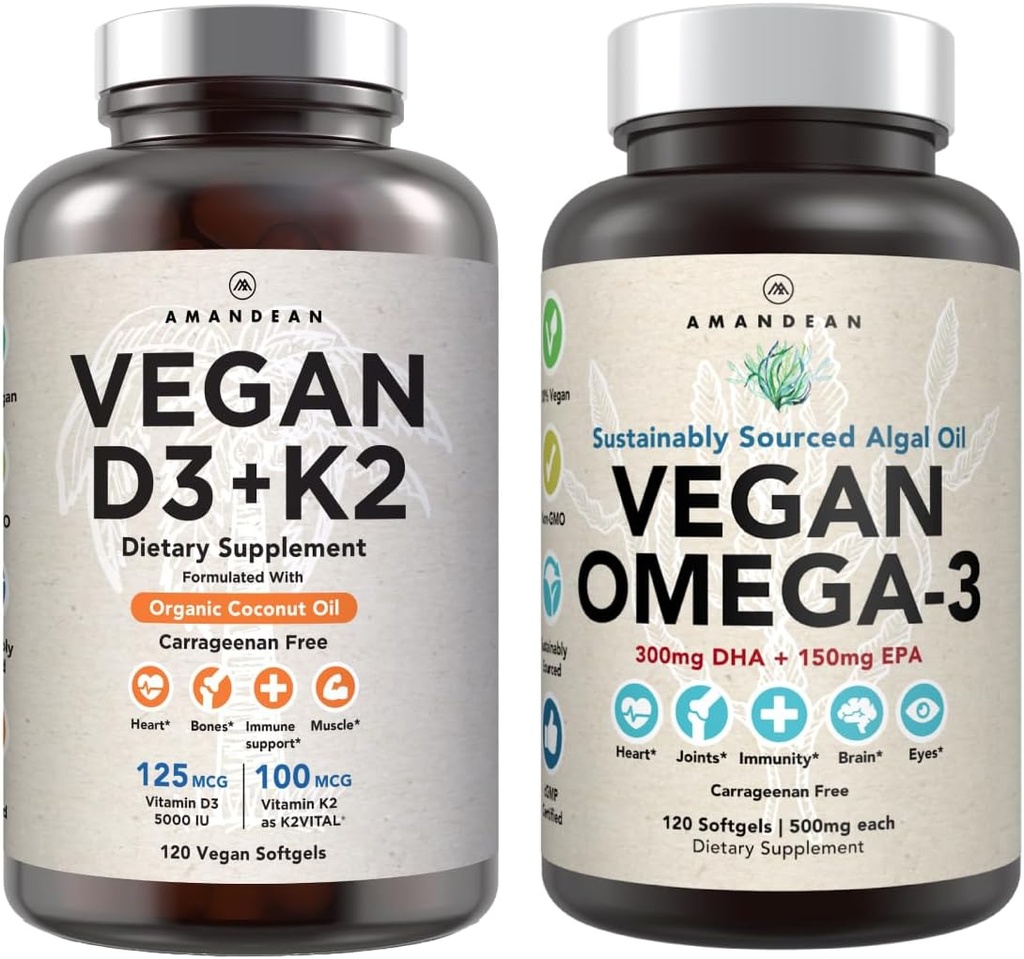 Vegan Powerhouse Combo. Omega-3 Algal Oil & Vitamin D3 + K2. Plant-Based 5000 iu VIT D Algae. 100 mcg All-Trans MK-7 Vita K. Carrageenan Free Veggie Softgels.