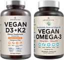 Vegan Powerhouse Combo. Omega-3 Algal Oil & Vitamin D3 + K2. Plant-Based 5000 iu VIT D Algae. 100 mcg All-Trans MK-7 Vita K. Carrageenan Free Veggie Softgels.