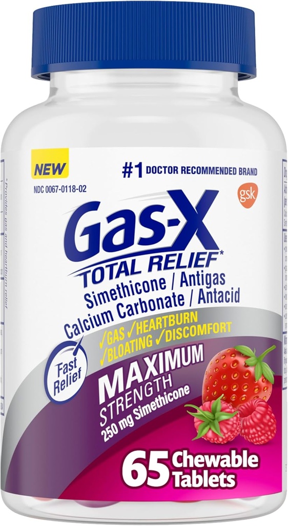 Gaz-X Total Relief Chewable Tabletleri Maksimum Güçlü Gaz Yardımı Simethicone 250 mg ve Kalpburnu Yiyecek İçecek Karbonat 750 mg, Bloating Relief, Karmages - 65 Count Count Count Count