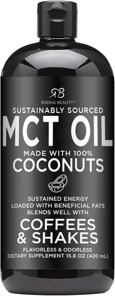 Radha Beauty Premium MCT Oil sadece non-GMO Coconuts - 15.8oz. Keto, Paleo, Gluten Free ve Vegan Onaylandı.