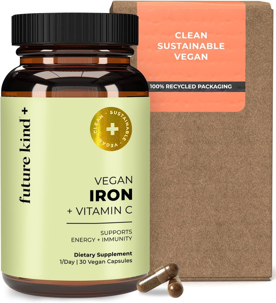Future Kind Vegan Iron Supplement for Men & Women with Vitamin C for Energy, Focus and Immunity Support - 30-Day Supply, Μία κάψουλα την ημέρα (30ct in Glass Bottle)
