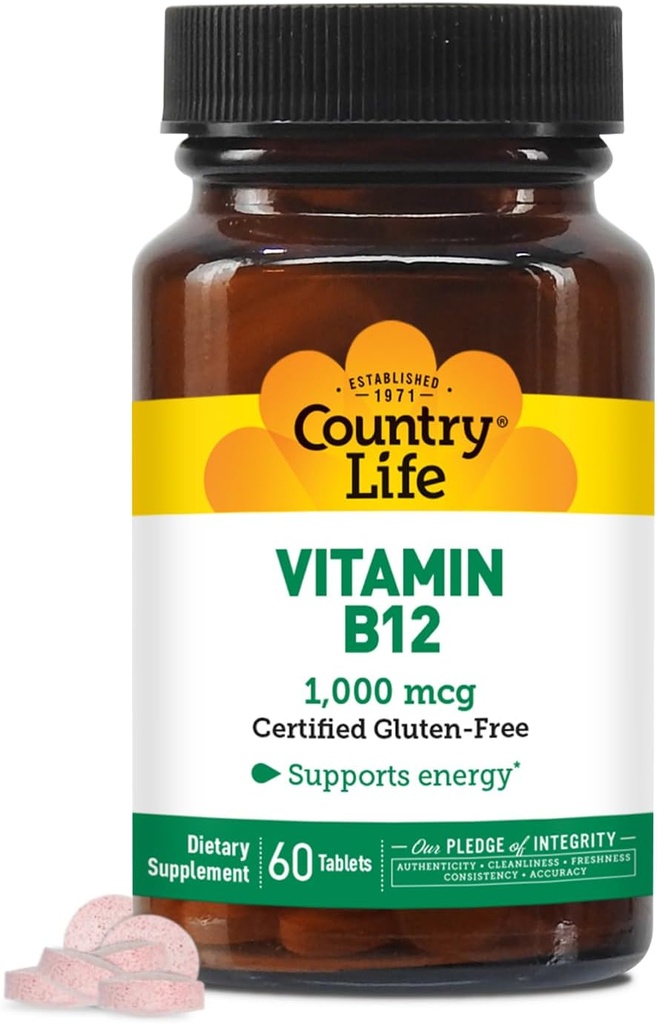 Country Life Vitamin B12 συμπλήρωμα - Απαραίτητη για τη λειτουργία του εγκεφάλου, Nerve Health, Red Blood Cells - Ιδανική για την πρόληψη της αναιμίας - Vegan Vitamin B, 1000 mcg - Χωρίς γλουτένη, 60 δισκία