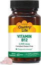 Country Life Vitamin B12 συμπλήρωμα - Απαραίτητη για τη λειτουργία του εγκεφάλου, Nerve Health, Red Blood Cells - Ιδανική για την πρόληψη της αναιμίας - Vegan Vitamin B, 1000 mcg - Χωρίς γλουτένη, 60 δισκία