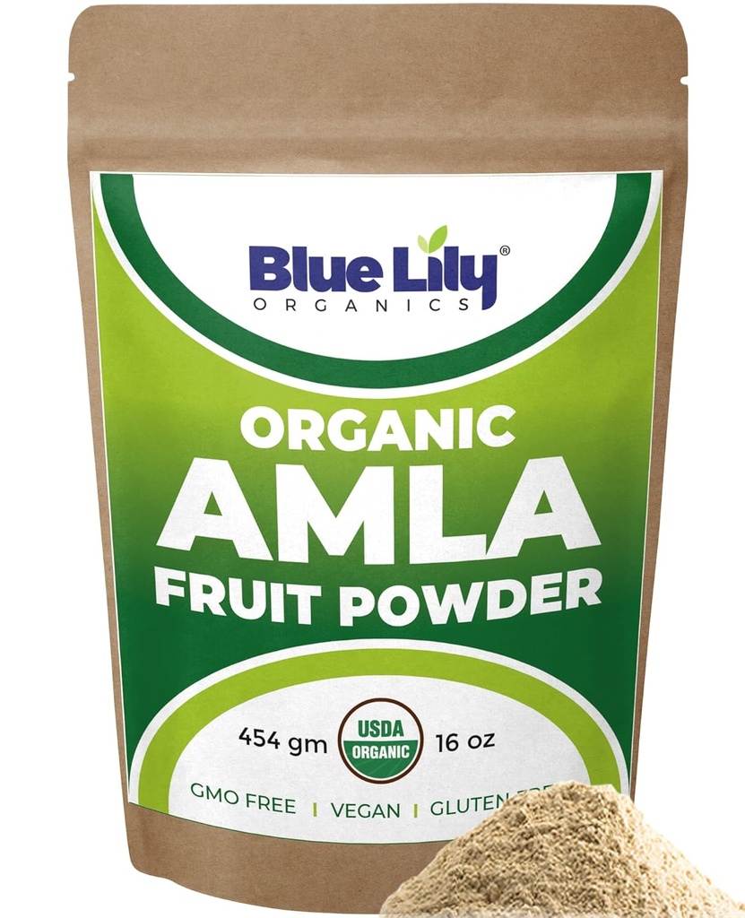 Blue Lily USDA Organik Amla Toz (Amalaki/Indian Gooseberry) 16oz (1lb) Resealable Kraft Bag, 100% Pure Amla Berry Toz, Antioksi Vitamin C'de Zengin, Sağlıklı Immune System