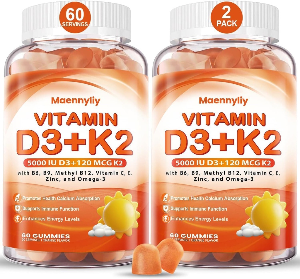 Yetişkinler için D3 K2 Gummies - Vitamin D3 5000IU + K2 (MK-7) 12006 - Omega-3 ile Sugar-Free D3 ve K2 Supplements with Omega-3, Me12, B9, B6, Vitaminler E & çinko - foruba Abception & Immune Health