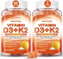 Βιταμίνη D3 K2 Gummies για Ενήλικες - Βιταμίνη D3 5000IU + K2 (MK-7) 120mcg - Χωρίς ζάχαρη D3 και K2 συμπληρώματα με Omega-3, Methyl B12, B9, B6, Βιταμίνες Ε & Ψευδάργυρο - για Ασβέστιο Απορρόφηση & Ανοσοποιητική Υγεία