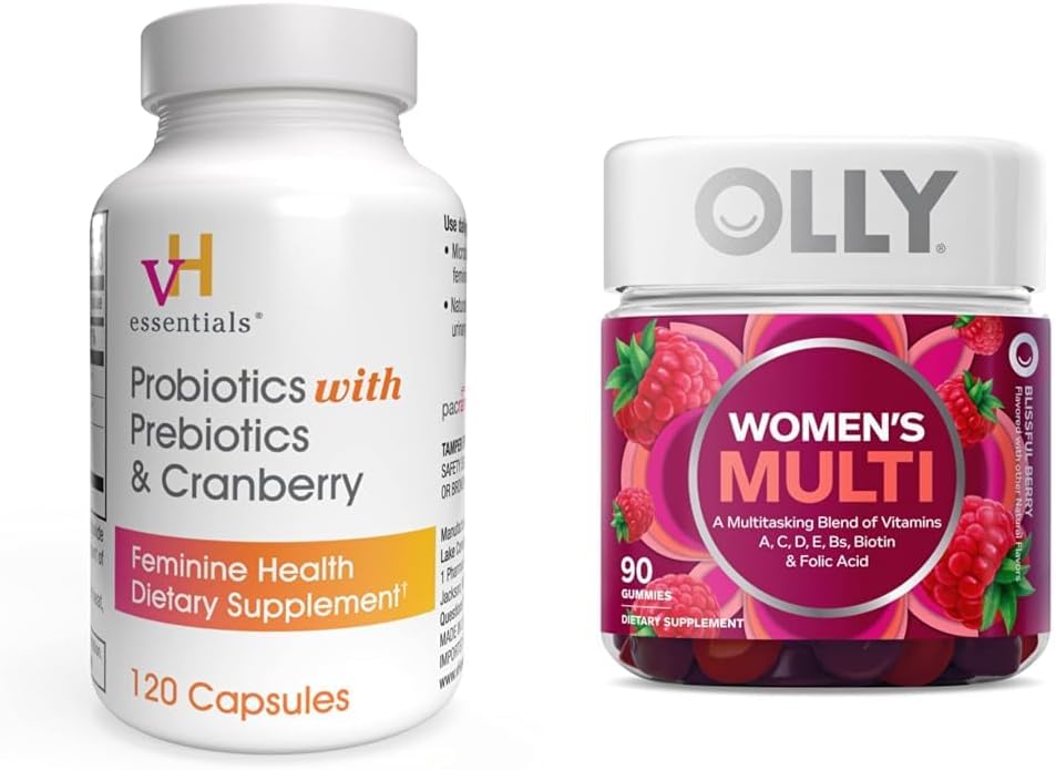 vH esass Probiyotiks with Prebiyotiks and Cranberry Feminine Health Supplement - 120 Capsules and OLLY Women's Multivitamin Gummy, Berry, 90 Paket