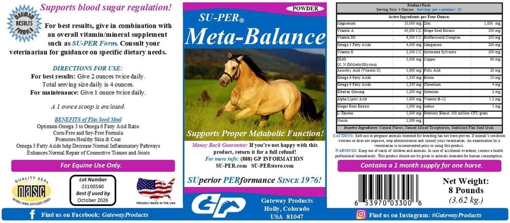 SU-PER Meta-Balance Horse Μεταβολική Υποστήριξη - Κανονισμός για τη ζάχαρη αίματος & Συμπλήρωμα για την υγεία Digestive - Βιταμίνες και Ορυκτά, Εκχυλίσματα βοτάνων, Προβιοτικά - 8 Λίρες, 1 μήνας προσφοράς