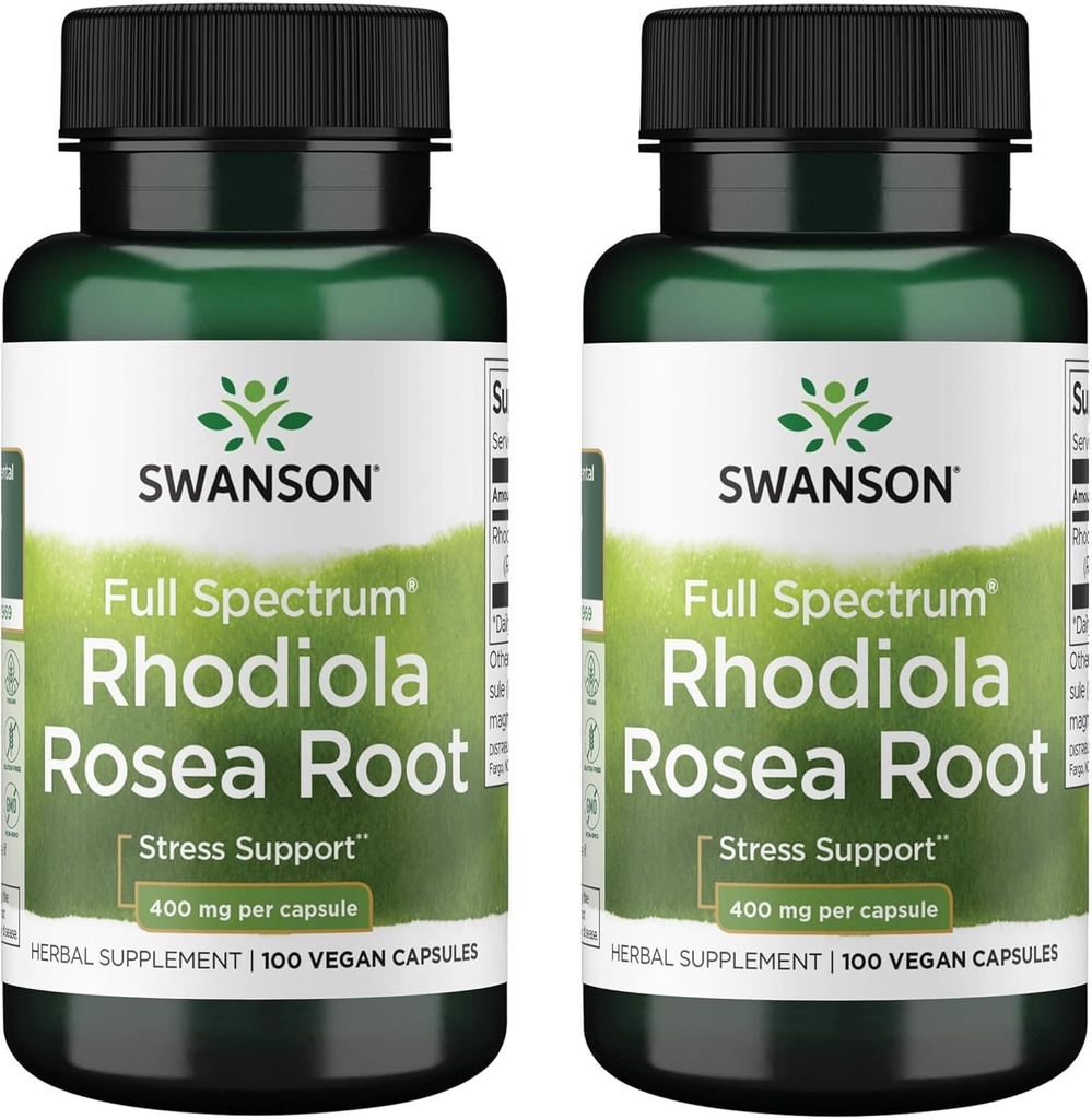 Swanson Rhodiola Rosea Root - Adaptojenik Herb Supplement Mood Balance & Stres Desteği - Enerji Desteği için Doğal Formula - (100 Capsules, 400 mg Her) (2 Pack)