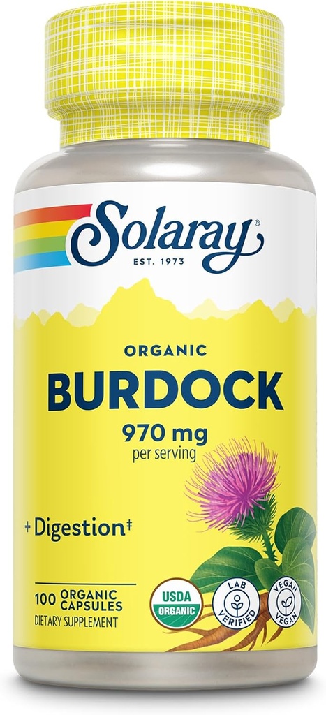 Solaray Organik Burdock Kök 970 mg - Digestive Support Supplement - USDA Burdock Kök Organik - Vegan, Lab Onaylandı, 60-Day Money-Back Garanti - 50 Hizmet, 100 Organik Capsules