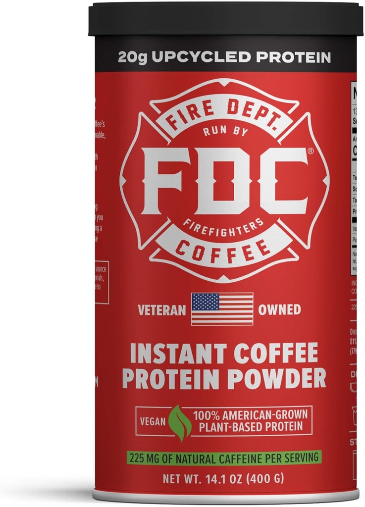 Fire Department Coffee - Δίνει πίσω στους πυροσβέστες - Instant Coffee Protein Powder - Plant Based Protein Powder - 100% American-Grown, Made with Upcycled Barley Protein - Veteran Ιδιοκτησία - 14,1 oz Can