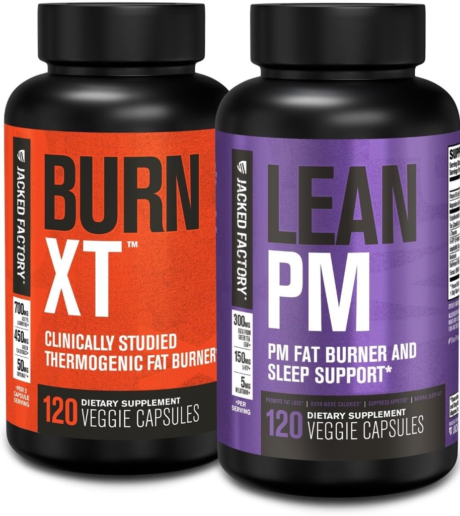 Jacked Factory Burn XT Termogenic Fat Burner & Lean PM Nighttime Kilo Kaybı Erkekler ve Kadınlar 120 Veggie Diyet Pills