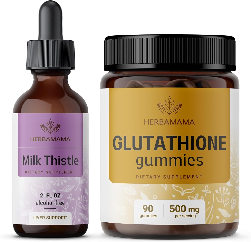 HERBAMAMA Milk Thittle and Glutathionone Kit - Bundle of Milk Thittle Extract 2 fl oz & 500 mg Μειωμένη L-Glutathionone Gummies - Vegan, Non-GMO, Alcohol-free - 2 Pack