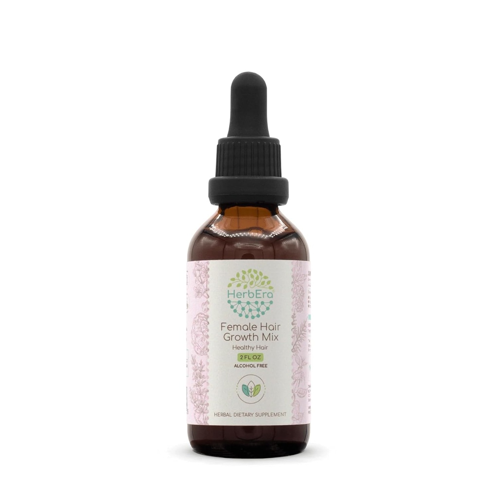 HerbEra Female Hair Growth Mix B60 Alcohol-Free Extract Tincture, Concentrated Liquid Drops Rosemary Leaf, Eleuthero Root, Stinging Nettle Root, Horsetail Herb, Reishi Mushroom, Brahmi Herb. 2 Fl Oz