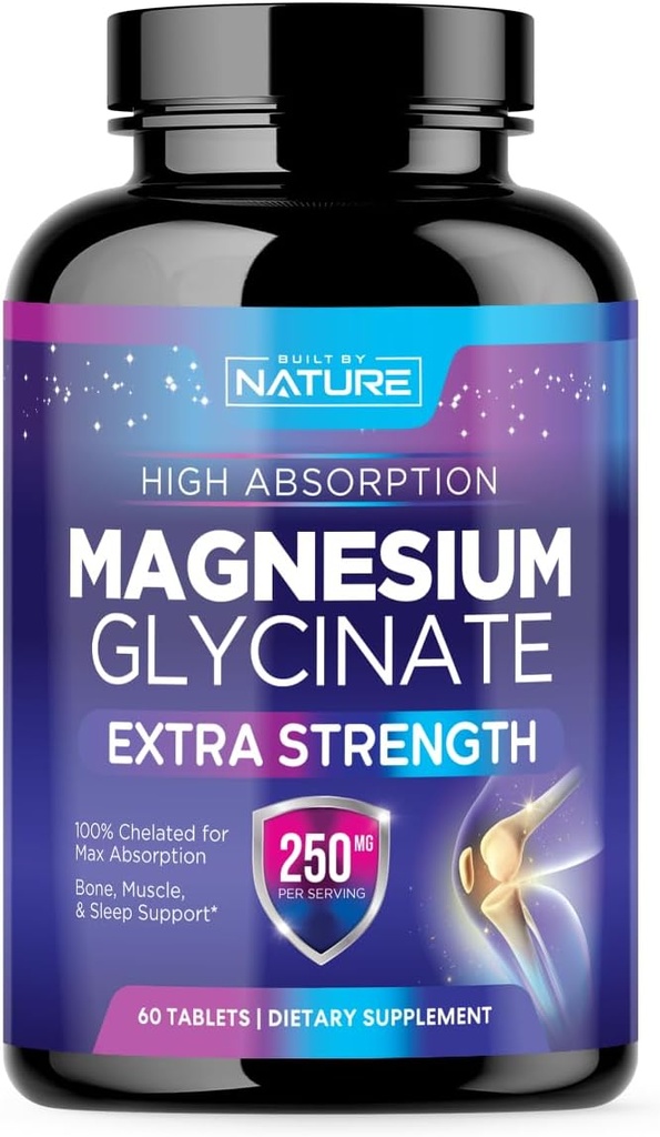Magnezyum Glycinate 250 mg - Yüksek Abhidrasyon Chelated Magnezyum Supplement - %100 Saf Magnezyum Glycinate - Stres, Uyku, Kalp ve Kas Sağlık Desteği - Non-GMO, Vegan, Gluten-Free (60 Tablet)