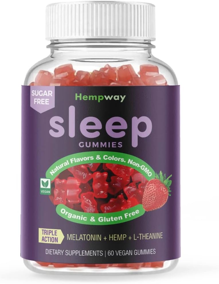 Hemph Gummies for Sleep l theanine Supplement Hemp melatonin Triple Action - Ηρεμίες Gummies for Adults and melatonin Kids - Χωρίς ζάχαρη Φράουλα Vegan 60 ct