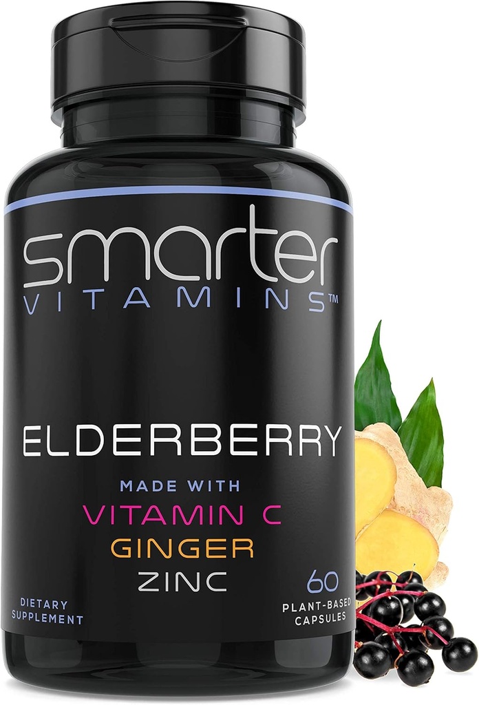 Smarter Elderberry Capsules + C + Ginger & çinko, Herbal Supplement, Güçlü Black Elder Berry Antioksit Vitamini, 60 Vegan Pills