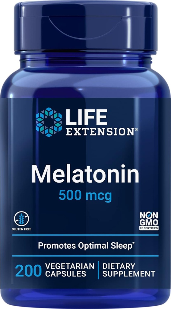 Life Extension Melatonin, 500 mcg – Gally, Sleep, Low Dose, Value Dimension – Non-GMO, Gluten-Free, Vegetarian – 200 Capsules