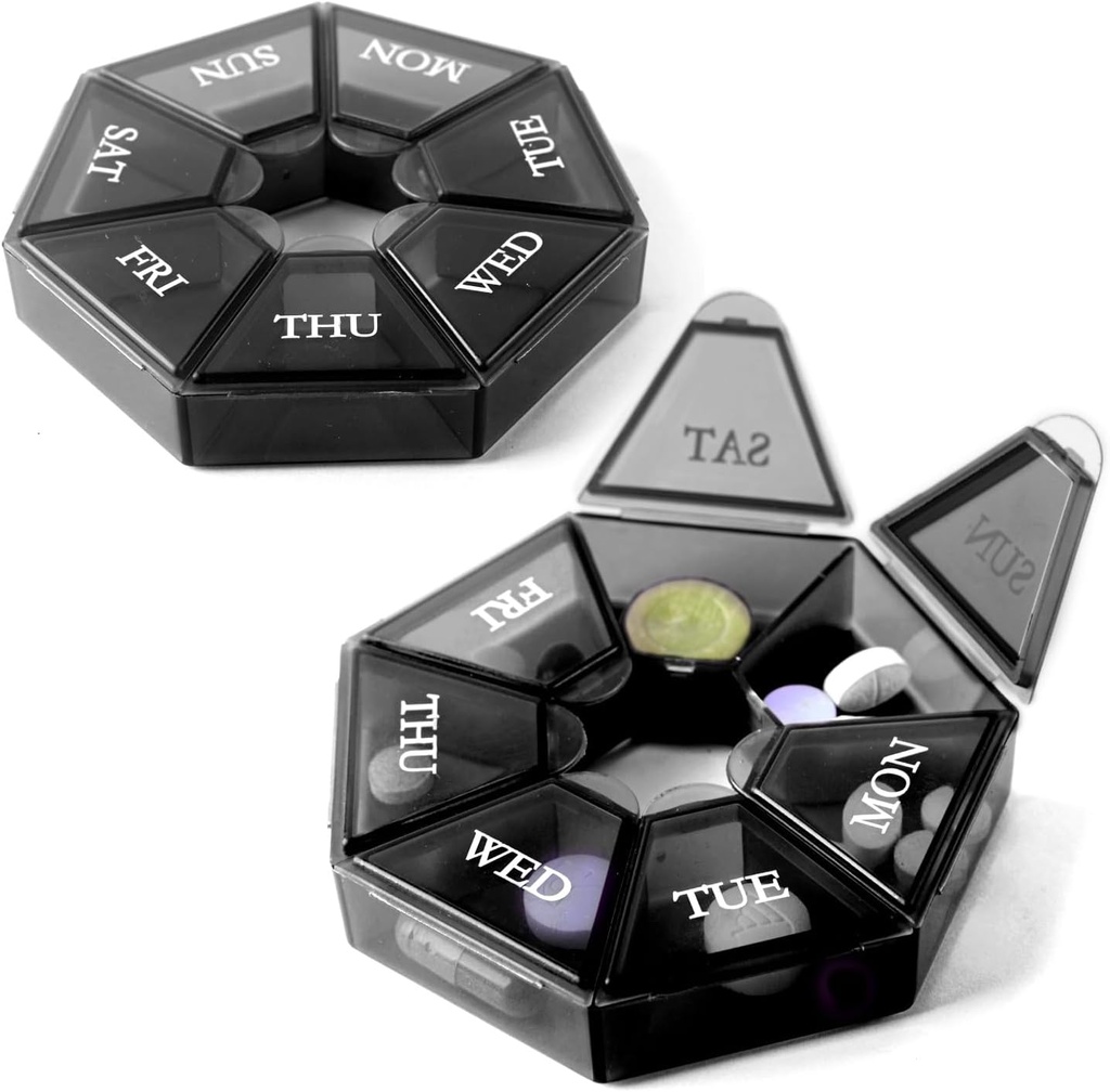 Deke Home - Küçük Haftalık Pill Organizer (2 Pack), Gezi için Yuvarlak Pill yapıştırıcısı, Mini Pill Organizer, Compact Tıp Sahibi, Pill Sorters 7 Days, Portreviç, Faraday Free (Garn)