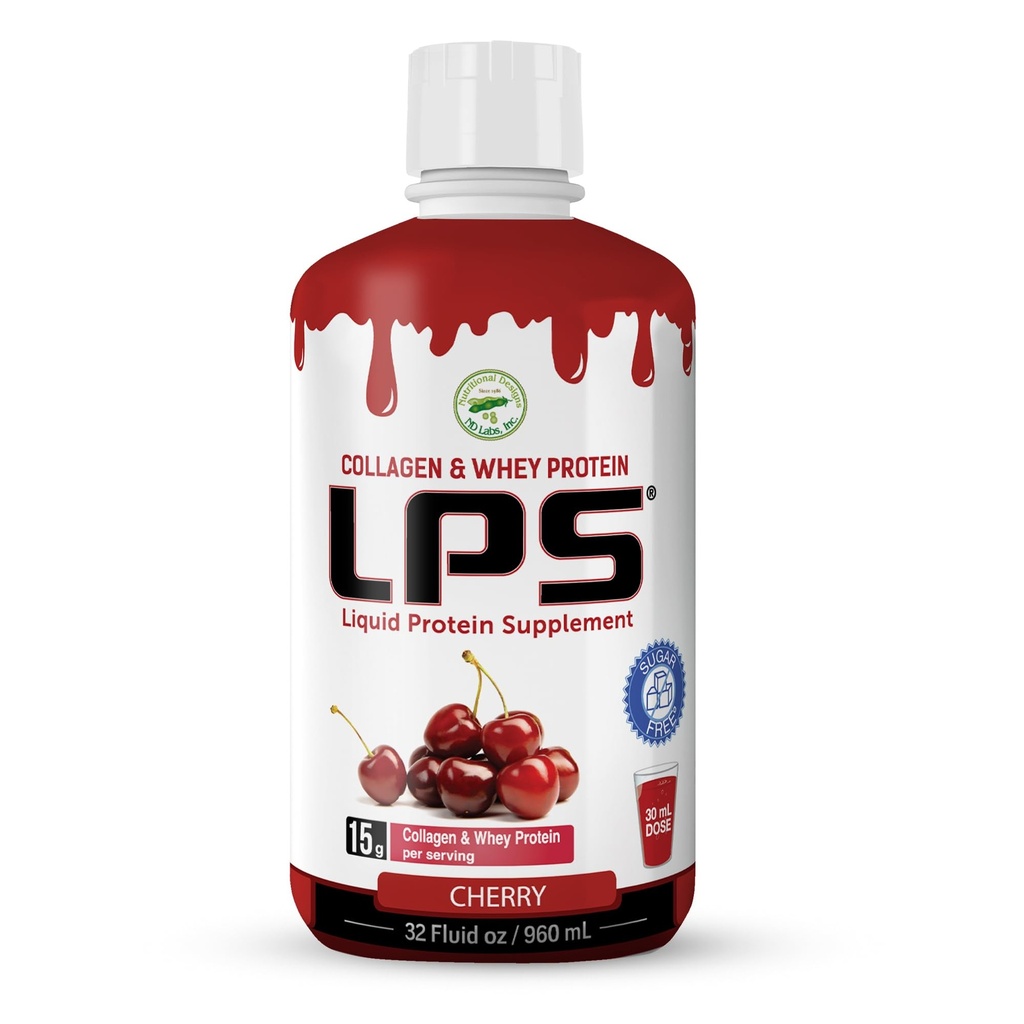 LPS Liquid Collagen & Whey Protein Supplement - Sugar-Free, Dye-Free, Non-GMO Drink - Hydrolyzed Collagen & Whey Peptides Erkekler ve Kadınlar için sağlıklı Skin & Saçları teşvik eder, Cherry, 32 fl ozzz