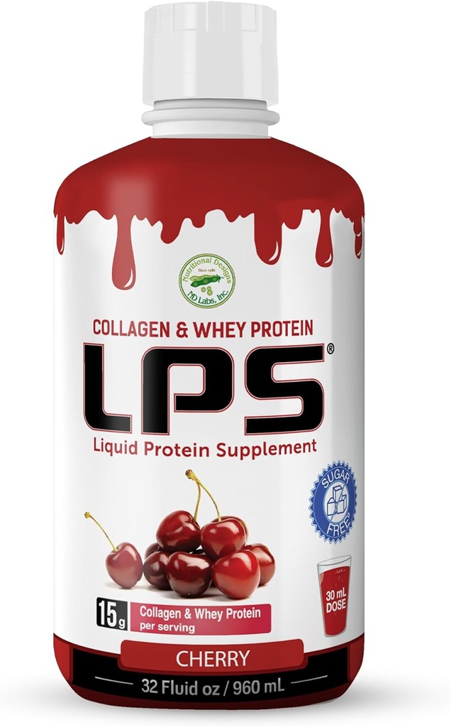 LPS Liquid Collagen & Whey Protein Supplement - Sugar-Free, Dye-Free, Non-GMO Drink - Hydrolyzed Collagen & Whey Peptides Erkekler ve Kadınlar için sağlıklı Skin & Saçları teşvik eder, Cherry, 32 fl ozzz