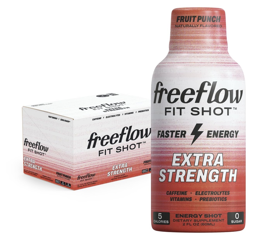 Freeflow Fit, Extra Strength Energy Shot, Fruit Punch (2 Ounce Shot, Pack of 12) - 150mg καφεΐνη Per Shot, Zero Calorie, Zero Sugar Energy Shot...
