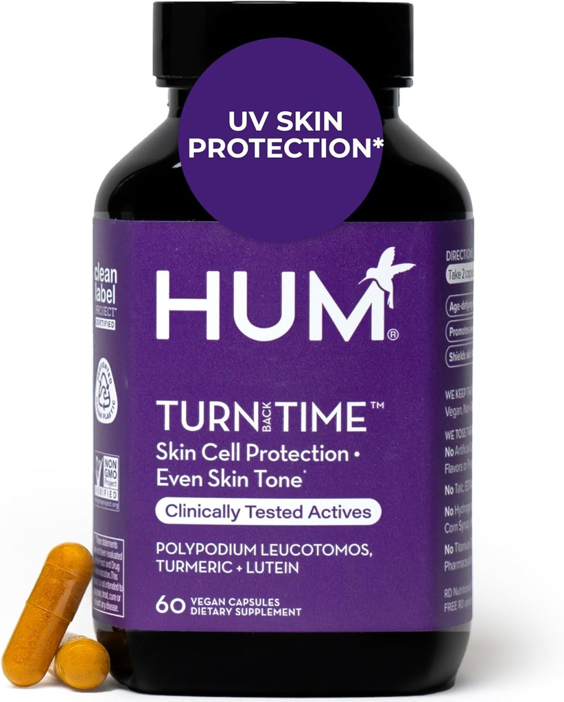 HUM γυρίστε πίσω χρόνο Turmeric συμπλήρωμα για την νεανική εμφάνιση υποστήριξη του δέρματος με εκχύλισμα πράσινου τσαγιού, λουτεΐνη & πολυφαινόλες, φροντίδα του δέρματος γήρανσης & κολλαγόνου Κάψουλες υποστήριξης για ακόμη και τον τόνο, 60 κάψουλες Vegan