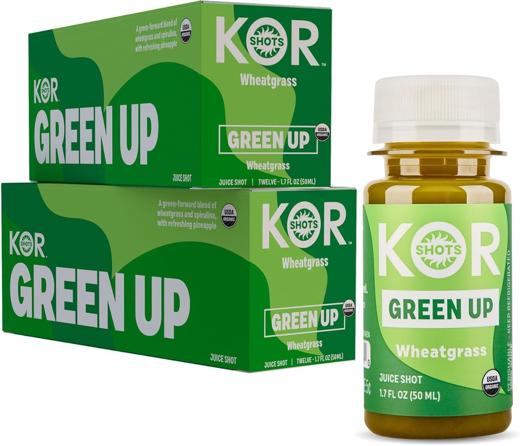 Kor Shot Buğdaygras Ginger Spirulina Shot - 24 Pack x 1.7 Fl Oz - Green Up - Daily Greens Superfoods Shot - USDA sertifikalı Organik Gıdalar