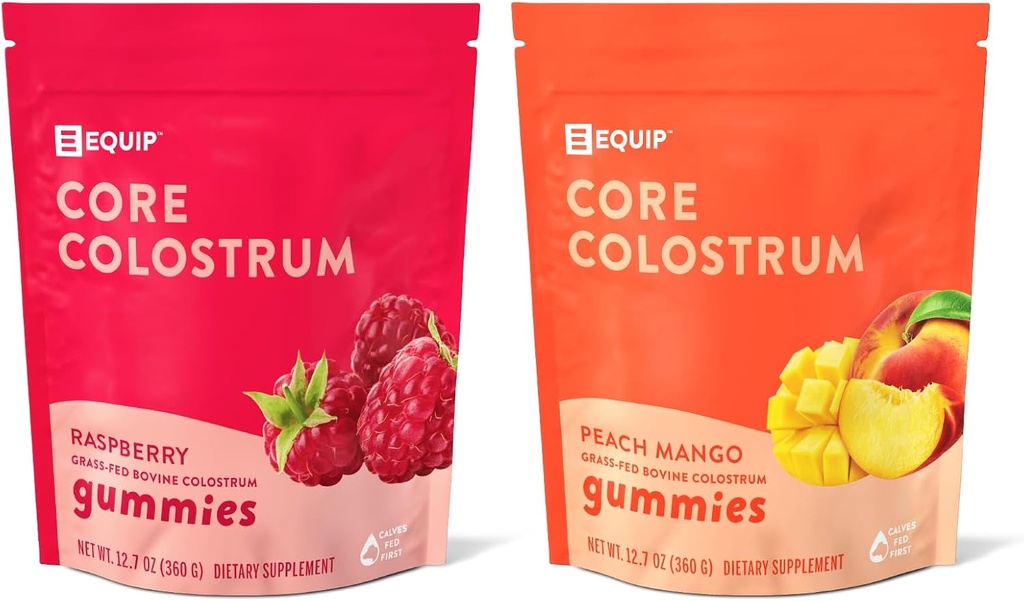 Equip Foods Core Colostrum Gummies - Delicious and Convenient - 1g Ultra-Premium Grass Fed Colostrum Per Servis - Gut Health, Immunity, Hair and Skin (Pack of 1, Peach Mango & Raspberry)