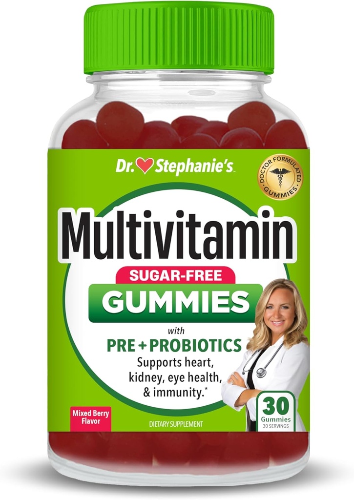 Dr. Stephanie's Multivitamin Gummies - Sugar-Free with Prebiyotiks & Probiyotiks - Daily Support for Eyes, Kidneys, Liver, Heart, & Digestive Health - Karma Berry Flavor Flavor